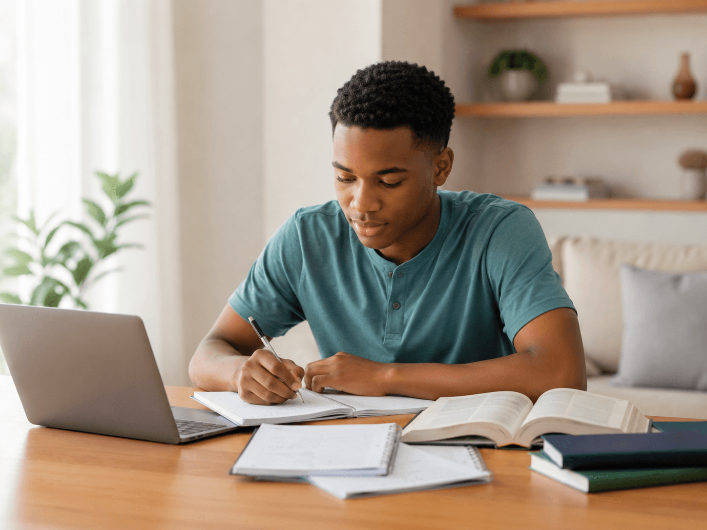 Older student studying with books and a laptop