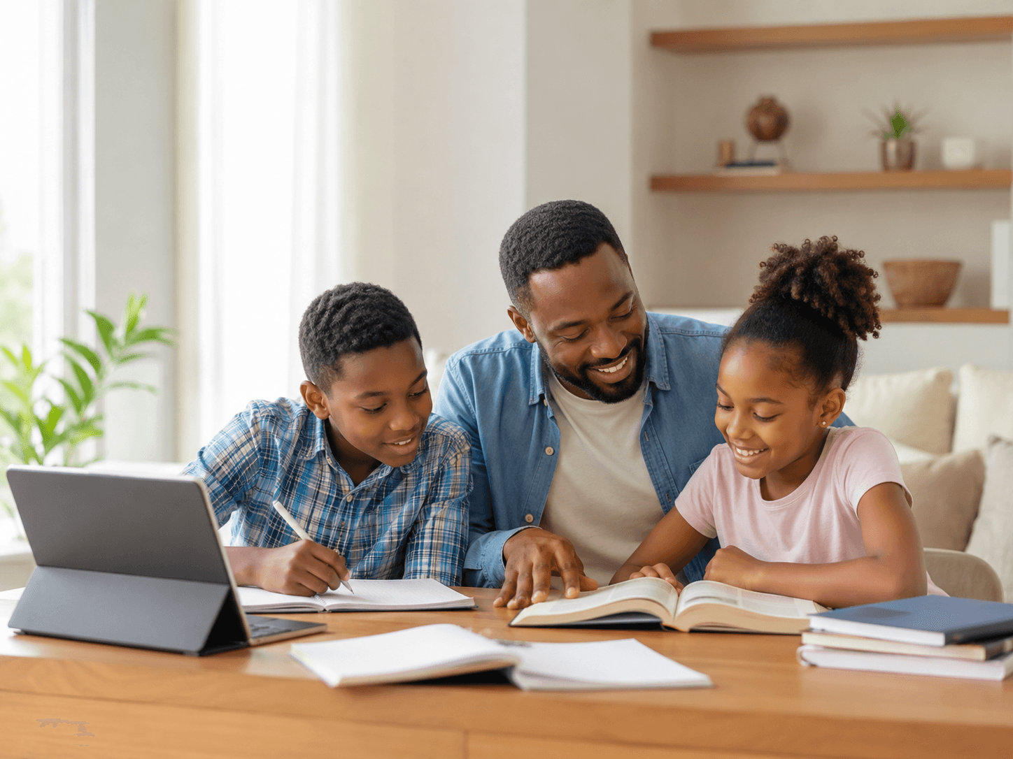 Child learning at home with books and a digital device