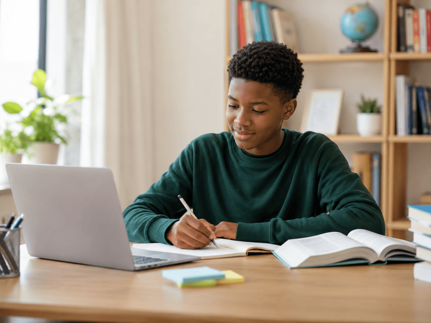 Student studying confidently with books and a laptop