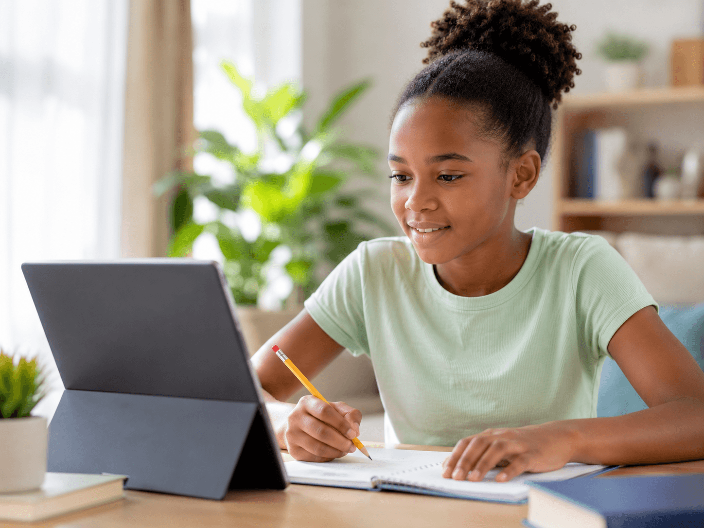 Student taking a placement activity with books and a digital device