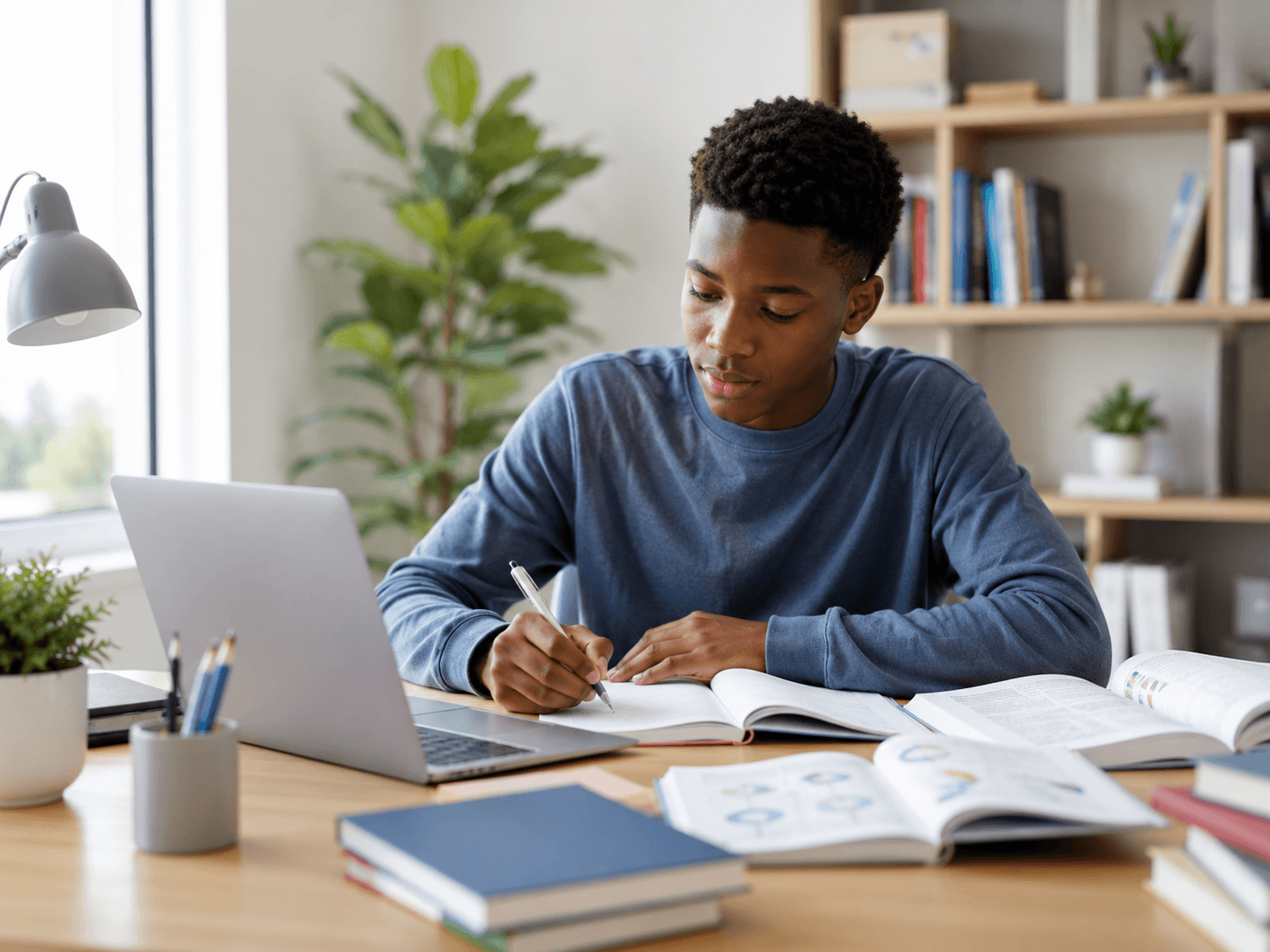 Student studying with books and a laptop