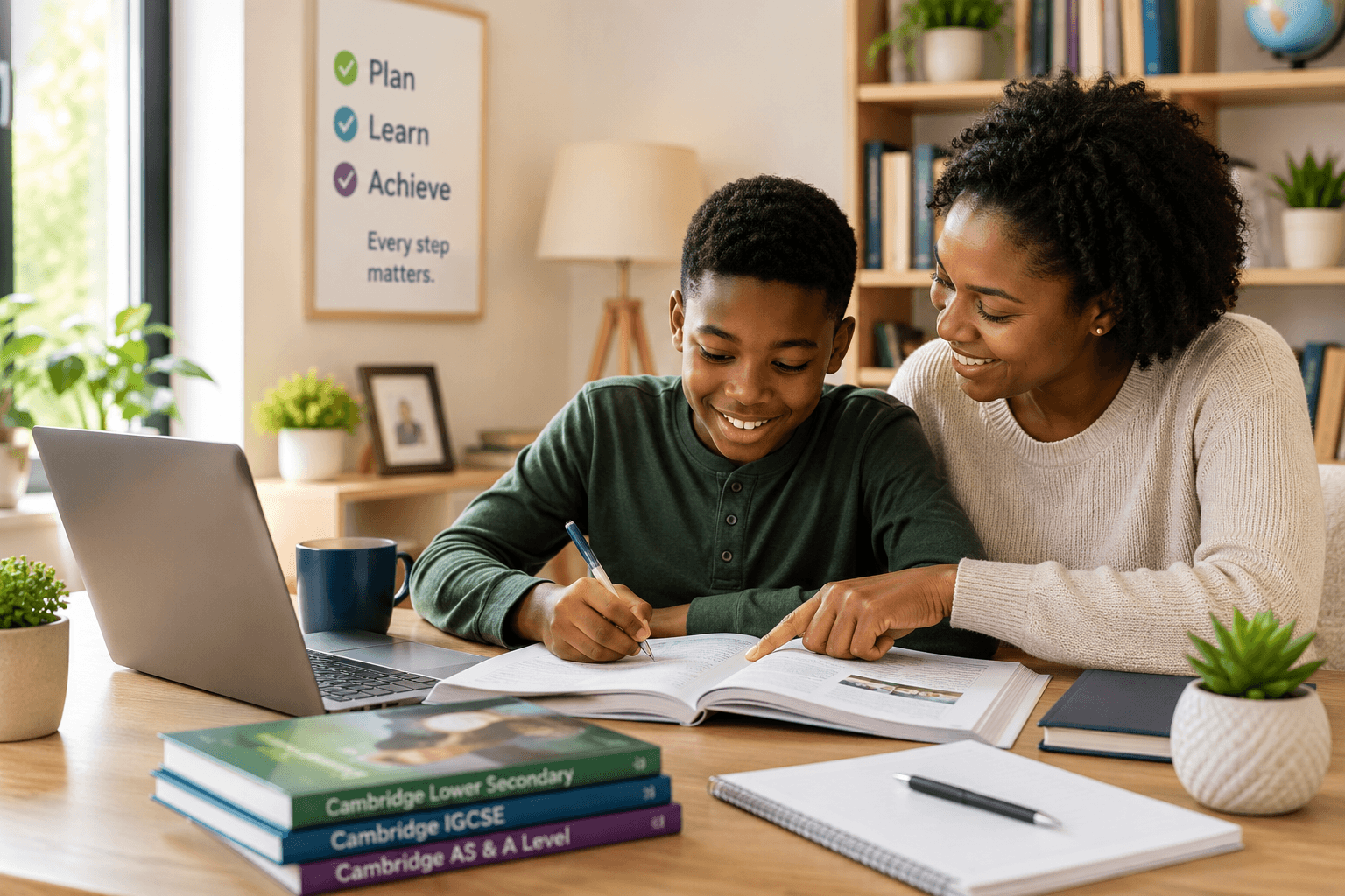Parent guiding a child through a learning discussion at home